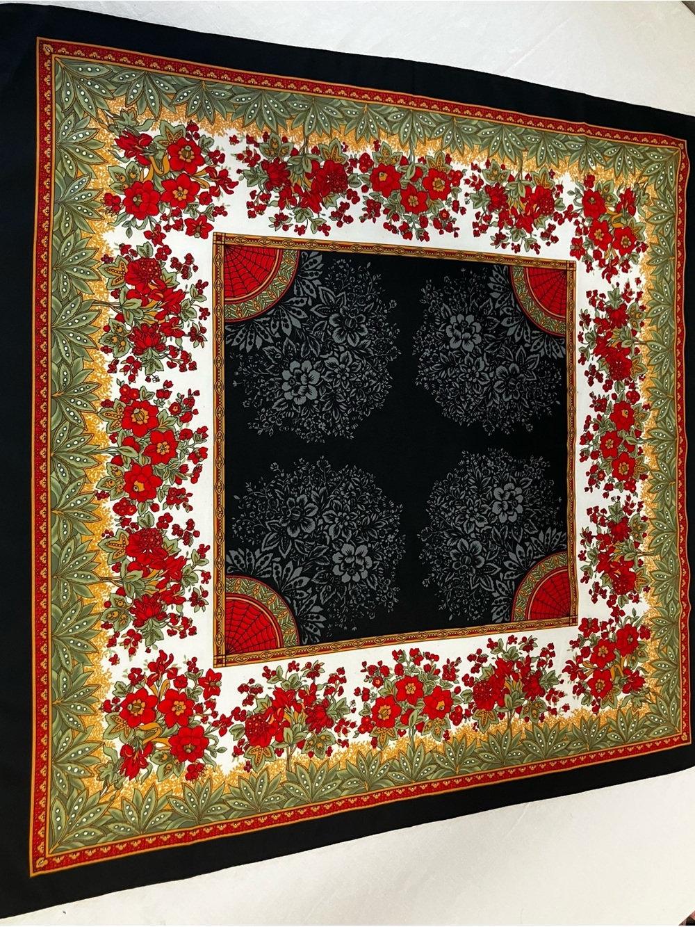 Vtg. Floral Red & Green Border Silk-Feel Scarf